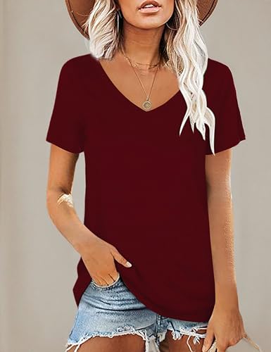 Image of Elesomo Womens T Shirts V Neck Summer Short /Long Sleeve Cotton Tops Tees