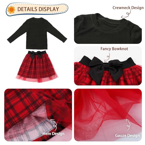 Image of Little Bitty Toddler Girl Skirt Set 2Pcs Outfits Long Sleeve Tops & Red Plaid Skirts with Bowknot Kids Cute Clothes 2T-7T