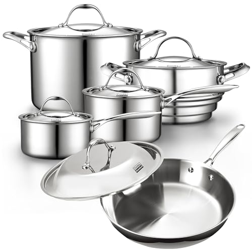 Cooks Standard Stainless Steel Kitchen Cookware Sets 10-Piece, Multi-Ply Full Clad Pots and Pans Cooking Set with Fry Pan, Dishwasher Safe, Oven Safe 500°F