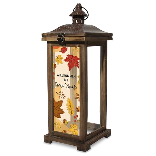 True Statements Personalisierte Holz-Laterne mit Herbstblätter-Motiv im Landhaus-Stil 42cm - Herbst-Deko - große Laterne als herbstliche Dekoration - Geschenk zur Hochzeit, Einzug & Geburtstag