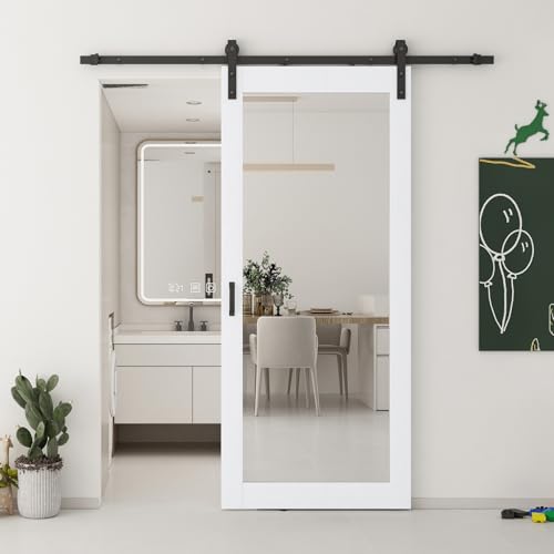 JUBEST 36x80 in Mirror Barn Door and 6.6FT Sliding Door Hardware Kit Included, White Full Length...
