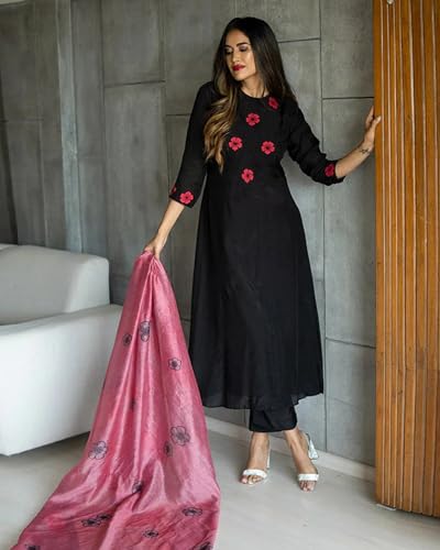 Fabnex Kurta Set For Women | Embroidered Women Kurta Set With Pant | Stylish Kurti Pant Set | Kurta Sets For Women (K-84) (In, Alpha, L, Regular, Black)