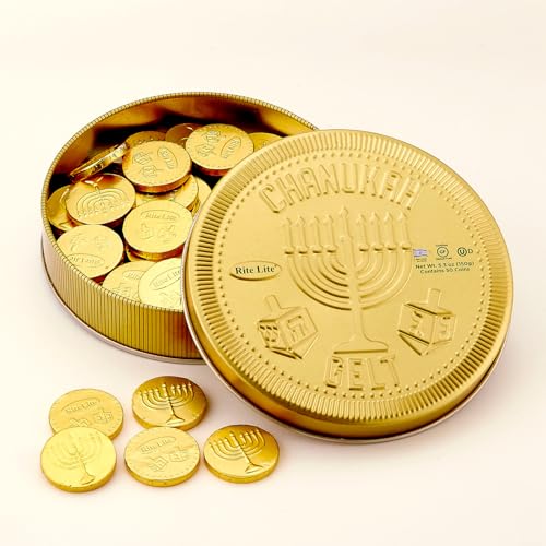 Hanukkah Chocolate Gelt Gold Collectible Tin with 3gr, 50 Gold Foiled Coins, Kosher Dairy Chanukah – Festive Jewish Holiday Party Favors Metal Tin Judaica Hostess Gifts Made in Israel 5.3oz