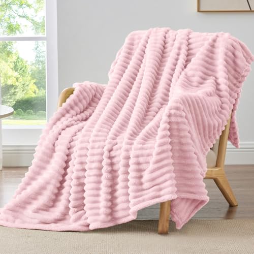 Image of BEDELITE Ribbed Fleece Throw Blanket for Couch, Cherry Blossom, 50 inchx70 inch