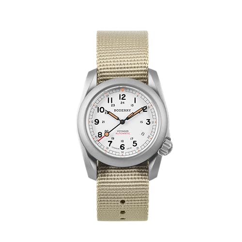 BODERRY Men's Watch Titanium Automatic Field Watch 40mm Military Watch Day Date Function 100M Waterproof with Nylon Strap Japanese Mechanical Movement & Screw Down Crown—Voyager