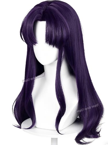 Image of Half and Half Long Curly Purple Wig with Bangs Anime Dark Purple Cosplay Wigs 21.6'' Synthetic Hair for Women Halloween Party