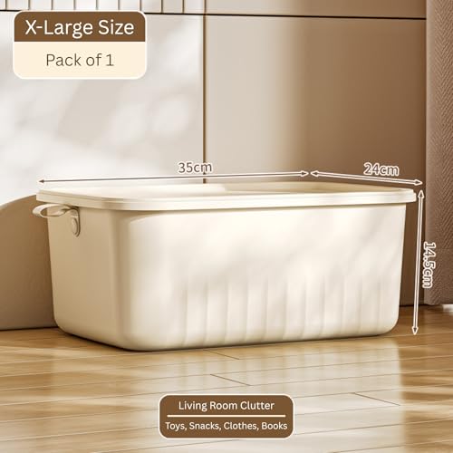 Image of KREPS Multi Purpose Plastic Storage Bins Stackable Organizer Boxes with Lids, Stackable Crates for Home & Kitchen, items like books, clothes, snacks, toys. (Pack Of 1, Medium - 39 X 27 X 24 CM)