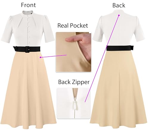 Image of VFSHOW Womens 2024 Business Work Office Pockets Belted Buttons Elegant Fit and Flare A-Line Dress