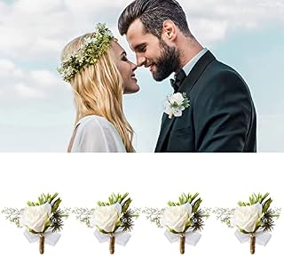 4 Pcs Buttonhole Corsage, Rose Wedding Boutonniere, White Handmade Corsage Boutonniere Buttonhole Flowers Mens Button Holes Flowers Wedding with Clip for Wedding Groom Men Bridal Women Suit Dress