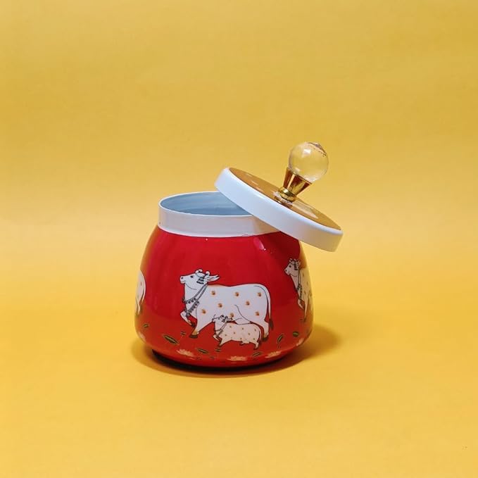 Image of Pichwai Metal Jar: Vibrant Elegance with Handle 4 Inch