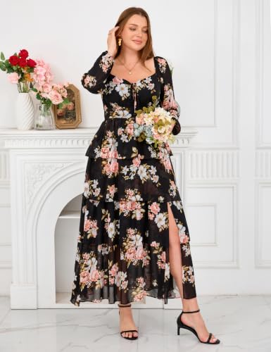 Image of EYWOL Plus Size Long Sleeve Floral Tiered Semi Formal Wedding Guest Dress | Chiffon Maxi, On or Off Shoulder, Flowy A-Line, Side Slit, Elastic Back Waist, Cocktail, Dinner Party, Engagement, Prom, Gala