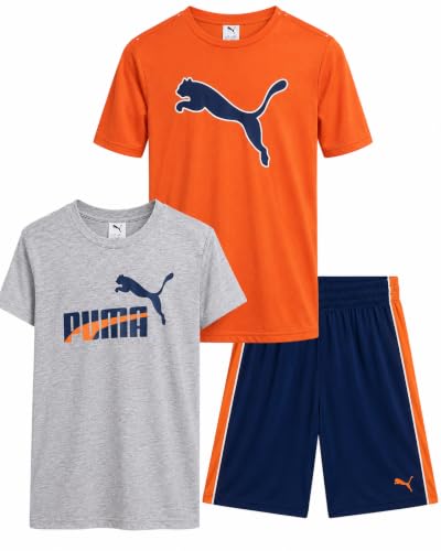Image of PUMA Boys Active Shorts Set - 3 Piece Performance T-Shirt, Dry Fit Tank Top, and Gym Shorts - Activewear Set for Boys (4-16)
