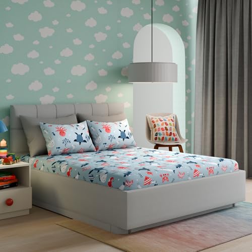 Image of Wakefit Premium Percale Weave 160 TC 100% Cotton Kids Flat Bedsheets with 2 Pillow Cover | Double - 100x90 inch | Animal Printed Soft & Breathable Double Size Bed Sheet | Coral Dive