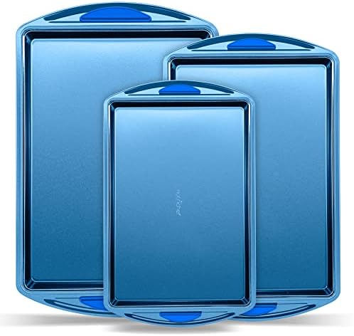 Nutrichef 3 Piece Baking Pan Set - PFOA, PFOS, PTFE Free Flexible Nonstick Carbon Steel Bakeware Set - Home KitchenBake Pan Cookie Sheet Stackable Baking Tray Set w/Blue Silicone Handles - NCBK3S