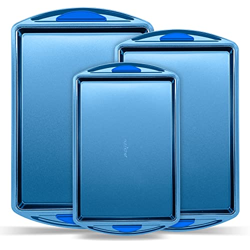 Nutrichef 3 Piece Baking Pan Set - Pfoa, Pfos, Ptfe Free Flexible Nonstick Carbon Steel Bakeware Set - Home Kitchenbake Pan Cookie Sheet Stackable Baking Tray Set W/Blue Silicone Handles - Ncbk3S #TOP13