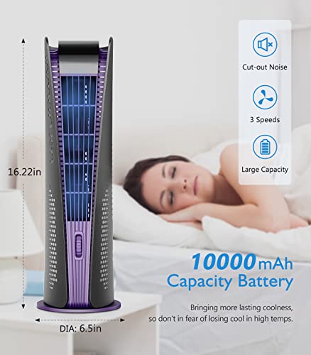 Conbola Portable Tower Fan, Bladeless Desk 16 Inch 10000Mah Battery Operated Rechargeable Fan Oscillating Standing Fan With 3 Speeds Timer Led Light, Small Personal Quiet Table Fans For Bedroom, Gray #TOP1