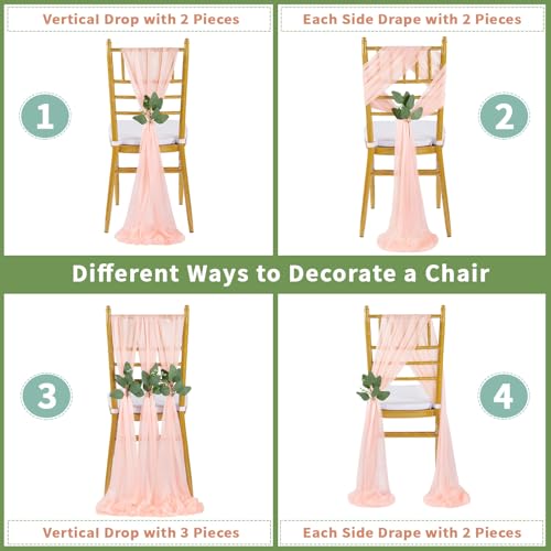 QueenDream Blush Chair Sashes Wedding Aisle Decorations: 24 Packs 8ft Long Draping Fabric Sheer Church Chair Cover Bulk for Party Banquet
