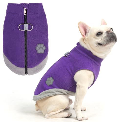 Image of Mihachi Dog Fleece Vest Sweater Zip Up Warm Pullover Step-in Dog Jacket with Dual D-Ring Leash, Winter Cold Weather Reflective Coat Clothes Hoodie for Small Medium Dogs Puppy Cat Boy Girl, Purple XL