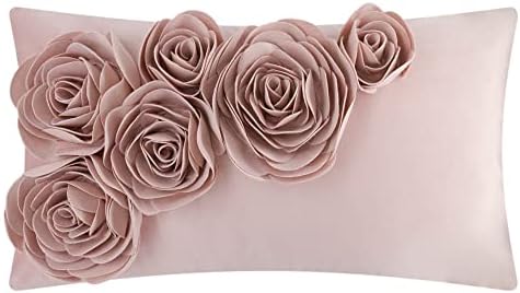 JWH Soft 3D Flower Throw Pillow Cover Decorative Floral Accent Pillow Case Rectangle Cushion Handmade Pillowcase for Girls Bed Bedroom Sofa Couch 14x24 Inch Dusty Pink