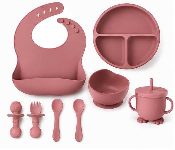 Silicone Baby Feeding Set for Babies, 8 Piece Self Feeding Kit with Bib, Suction Plate, Bowl, Sippy Cup, Spoon & Fork (Pink)-image-21