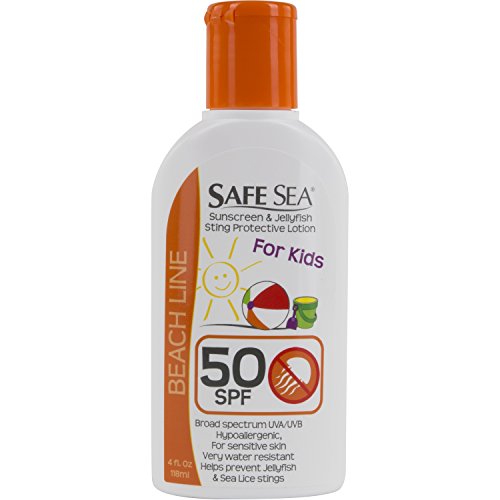Safe Sea Jellyfish Sting-Blocking Sunscreen for Kids, SPF 50+ Lotion 4oz, Waterproof, Biodegradable – Body and Face Sunscreen, Anti-Jellyfish and Sea-Lice sting protection