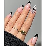 24Pcs Almond Press on Nails, Medium Length Black French Tip Fake Nails Nude Glue on Nails Full Cover