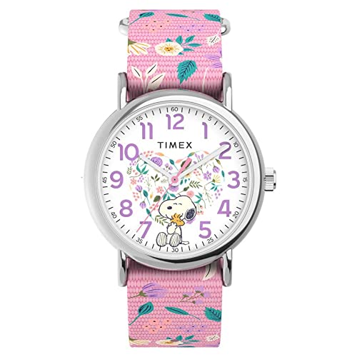 Timex TW2V77800 Weekender x Peanuts in Bloom Damen-Armbanduhr, 38 mm, rosafarbenes Stoffarmband