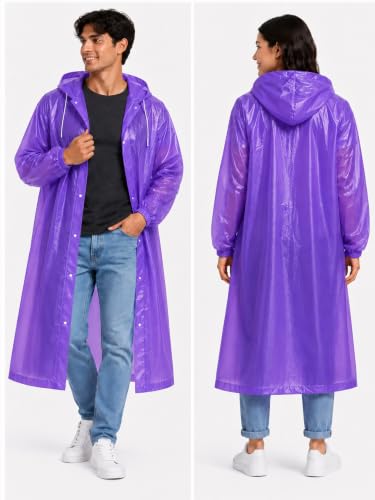 Image of Hooded Waterproof Men's & Women's Raincoat, Lightweight Long Rain Jacket, Button Front, Windproof Outdoor Rainwear | Free Size |