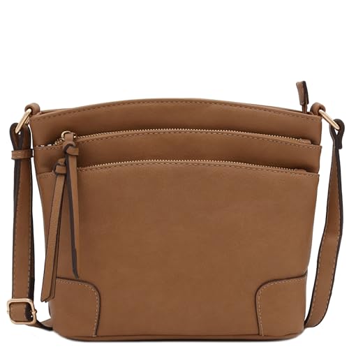 FashionPuzzle Triple Zipper Pocket Medium Crossbody Bag (Stone)