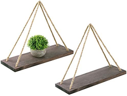 Oyeye Distressed Wood Hanging Swing Rope Floating Shelves with 4 Stainless Steel Hooks, Set of 2, Brown