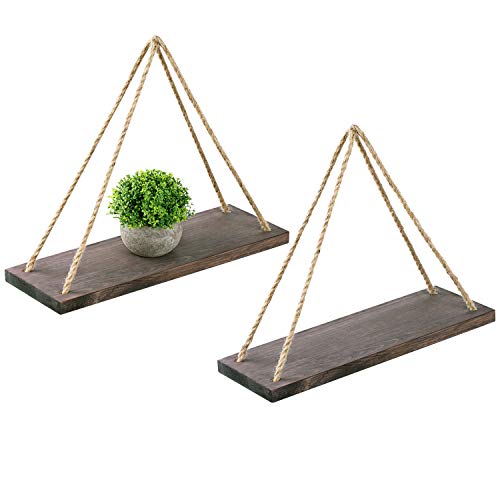 Oyeye Distressed Wood Hanging Swing Rope Floating Shelves with 4 Stainless Steel Hooks, Set of 2, Brown