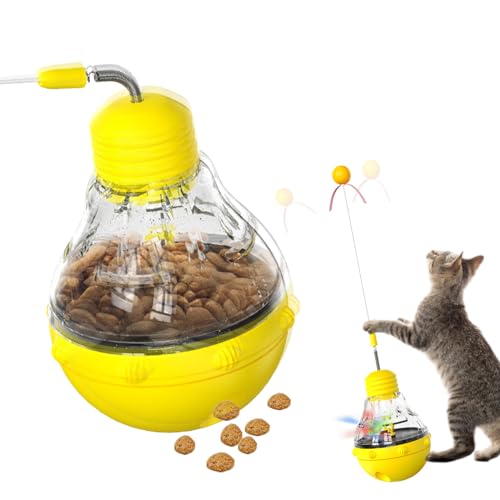 Image of Cdycam Cat Interactive Toy, Slow Food Dispenser Feeder, Tumbler Design with Teaser Wand & Glowing Ball, Funny Kitten Treats for Indoor Cats Exercise and Boredom Relief (Yellow)