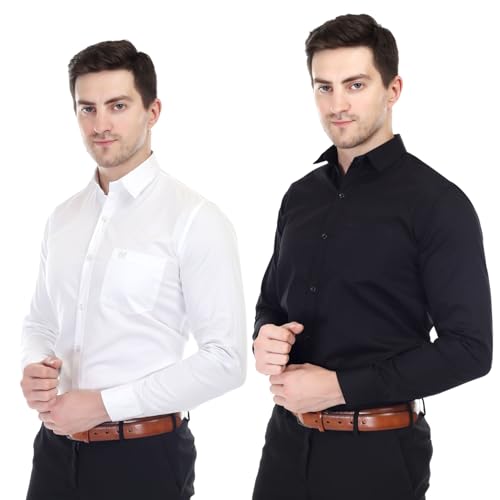 Image of Men's Solid Cotton Blend Formal Shirt with Pocket | Plain Design with Spread Collar & Full Sleeves - Regular Fit (Pack of 2)