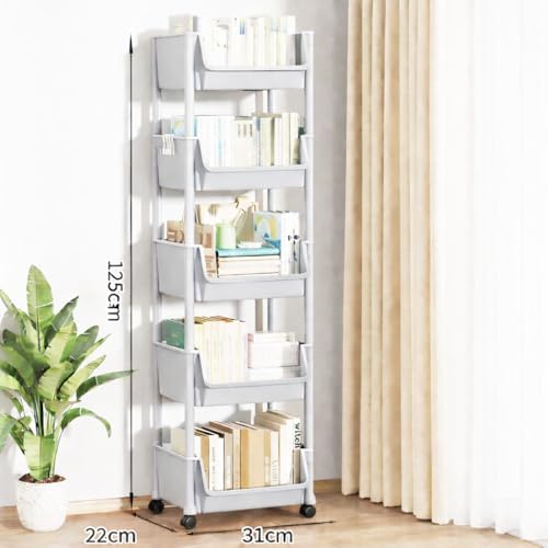 عربة تخزين محمولة بعجلات من بريموفيت، رف منظم دوار رفيع، وحدة رفوف متعددة الاغراض، رمادي وابيض (رمادي، 5 طبقات)