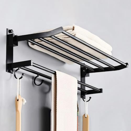 Image of MIORAH 24 Inch Foldable Aluminum Towel Rack for Bathroom - Wall Mounted Double - Tier Towel Holder with Rod & Hooks | Rustproof Black