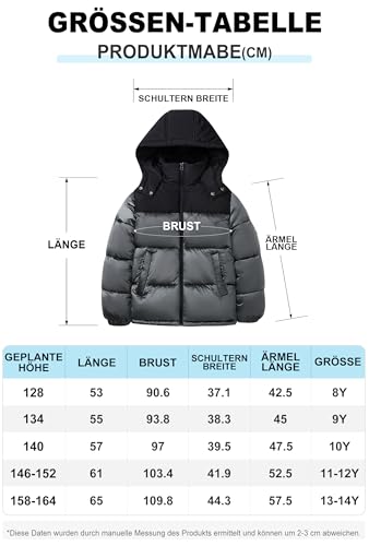 SOLOCOTE Jungen Wintermantel Schwer Wasserabweisend Kapuzen Steppjacke Dick Glänzende Oberbekleidung Kinder Winterjacke Grau 146-152