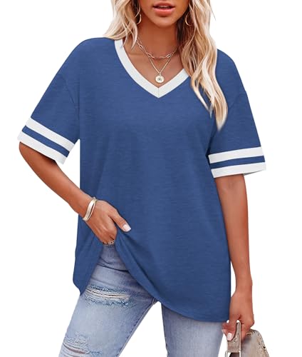 Image of WIHOLL Womens T Shirts Loose Fit Short Sleeve Tees V Neck Color Block Summer Tops 2026 Fashion S-4XL