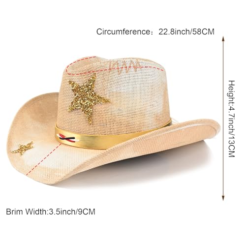 Image of Western Straw Cowboy Hats for Men & Women, Wide Shapeable Brim Cowgirl Sun Hat