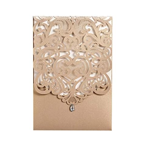Jofanza 50pcs 5 x 7.3 Inch Gold Laser Cut Wedding Invitation Cards with Rhinestone and Envelopes for Quinceañera Wedding Invite Sweet 16 Cover