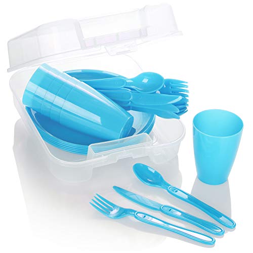 COM-FOUR® 31-teiliges Picknick-Set, Picknickkorb und Mehrweggeschirr für 6 Personen, idealer Picknickkoffer für Camping, Wohnmobil, Strand und Rucksackreisen (blau)