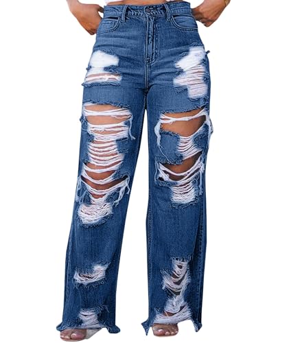 SOMTHRON Women's High Waisted Ripped Jeans Cut Out Destroyed Frayed Distressed Straight Wide Leg Denim Pants