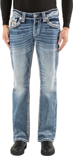 Rock Revival - Mens Esteban B204R Boot-Cut Jeans, Color Medium Blue, Size: 32W x 32L