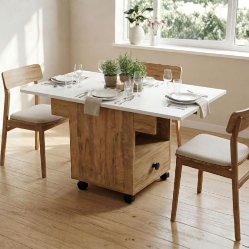 Image of FFO Foldable Dining Table with Storage and Wheels, Drop Leaf, 2 Seater, Engineered Wood, White and Coach Wood Finish, Drawer and Shelf Storage