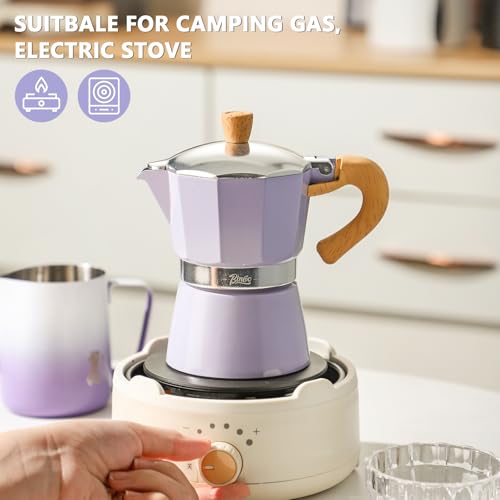 Image of Bincoo Cute Espresso Maker Stovetop - Small Moka Pot 2 Espresso Cups /120ML,Espresso Pot Italian Coffee Maker for Home Camping Cafe Office (Purple)
