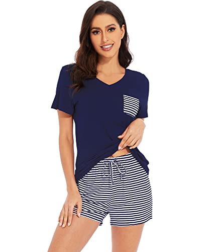 Image of WiWi Womens Pajamas Set Bamboo Viscose Super Soft Short Sleeve Top Ruffle Shorts Sleepwear Cooling Pj Sets S-XXL