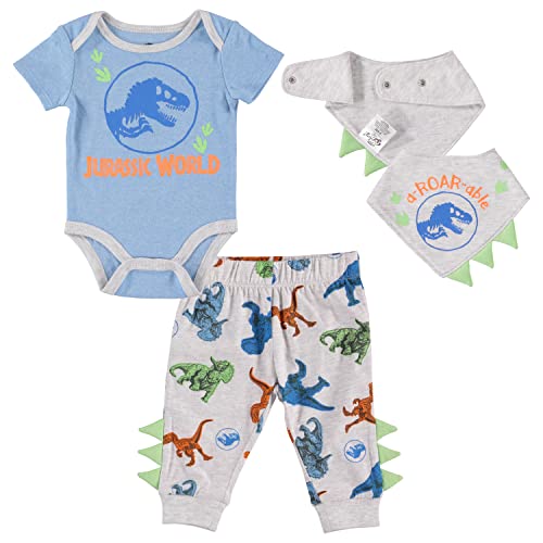 Image of Jurassic World Welcome to the Universe Baby Baby Clothes 3-Piece Set with Baby Bodysuit, Pants, and Bib - Newborn Outfits (0-3M), Blue/Grey/Green (AJWB114ST)