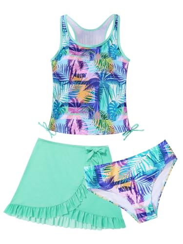 ESHOO Girls Tankini Sets Rash Guard Bathing Set 3 Piece Bikini Swimsuit with Cover Up Beach Skirt Tween Swimwear 7-14Y