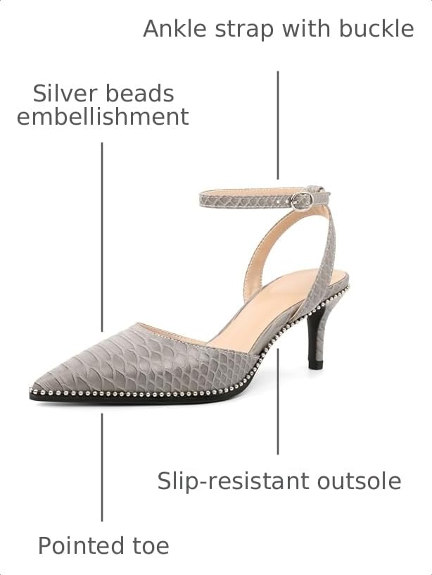 Image of SAMMITOP Kitten Heels for Women Low Heel Closed Toe Ankle Strap Pumps Wedding Party Beaded Dress Shoes 2.4 Inch
