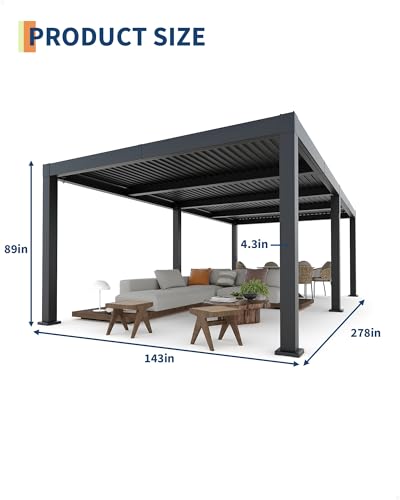 Image of Garveelife All-Aluminum Louvered Pergola 12 ft x 24 ft, Outdoor Pergola with Adjustable Louvered Roof, Reinforced Aluminum Frame, Integrated Drainage System, Hardtop Gazebo for Patio, Deck, Gray
