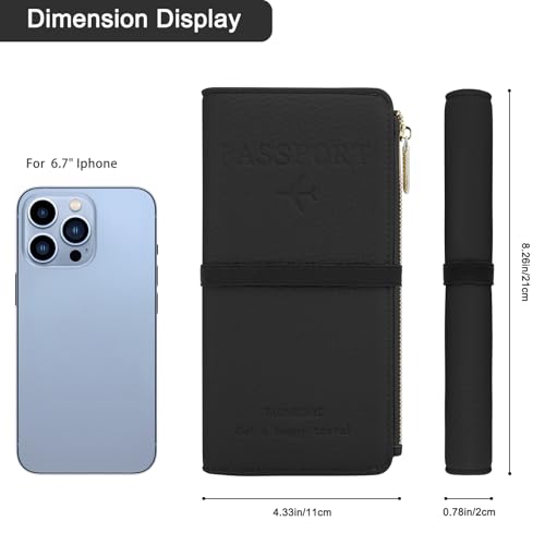 DOB SECHS Passport Holder for Travel Women Leather Passport Wallet RFID Blocking Passport Cover Case with Card Slots, Slim Travel Document Organizer Pouch Bag Zipper Cash Pocket Purse+ID Window, Black4